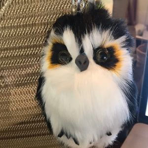 Faux Fur Plush Black/White Owl Charm Keychain